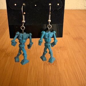 RETO ROBOT war Robot Plastic Blue Earrings 2” Silver Tone Hooks